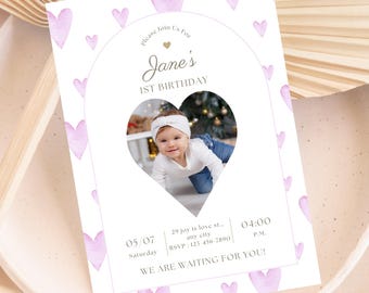 Editable 1st Birthday Invitation Girl with Photo – Blue Heart Arch Design – Canva Template – Instant Download