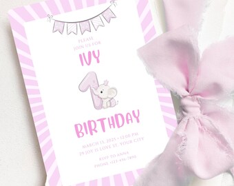Pink Elephant 1st Birthday Invitation Girl | Editable Printable First Birthday Invite | Free Thank You Card | Instant Download