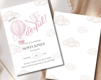 Onederful 1st Birthday Invitation Template, Printable Blue Hot Air Balloon Girl First Birthday Invite, Digital 1st Birthday