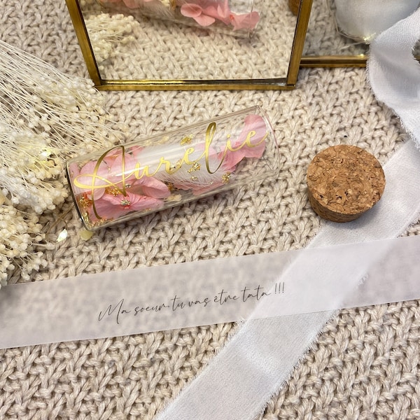 Idée cadeau originale pour une annonce personnalisée témoin demoiselle d’honneur demande de marraine en fleurs séchées rose fait main