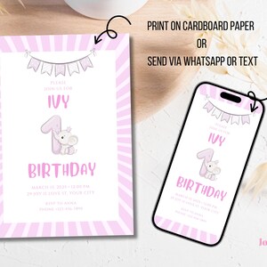 Printable bundle for 1st birthday girl – includes editable invitation, thank you card, and bonus background