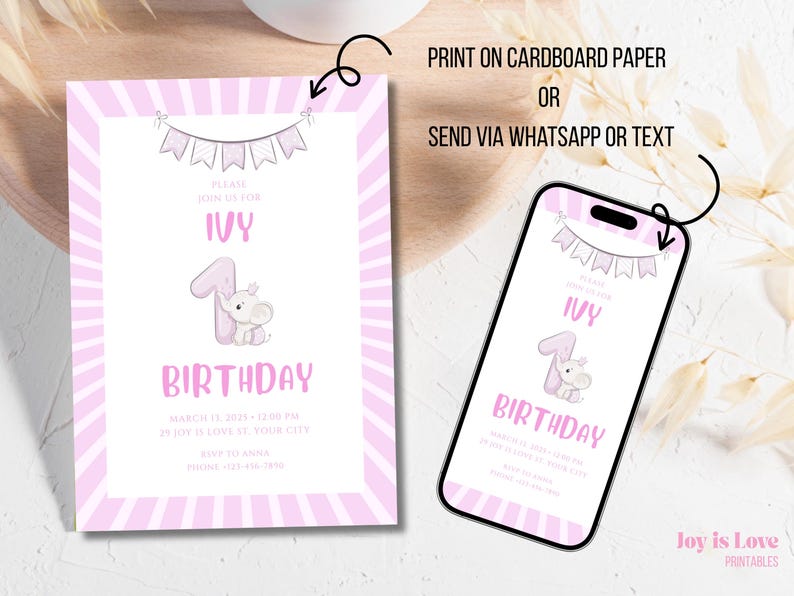 Printable bundle for 1st birthday girl – includes editable invitation, thank you card, and bonus background