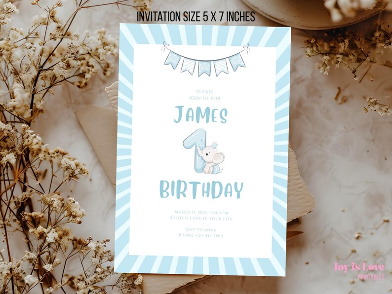 Easily editable invitation template for baby’s first birthday – customize in Canva with instant download