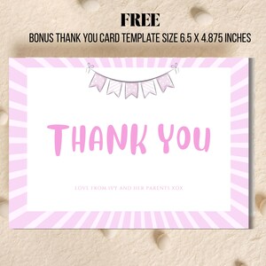 Printable bundle for 1st birthday girl – includes editable invitation, thank you card, and bonus background