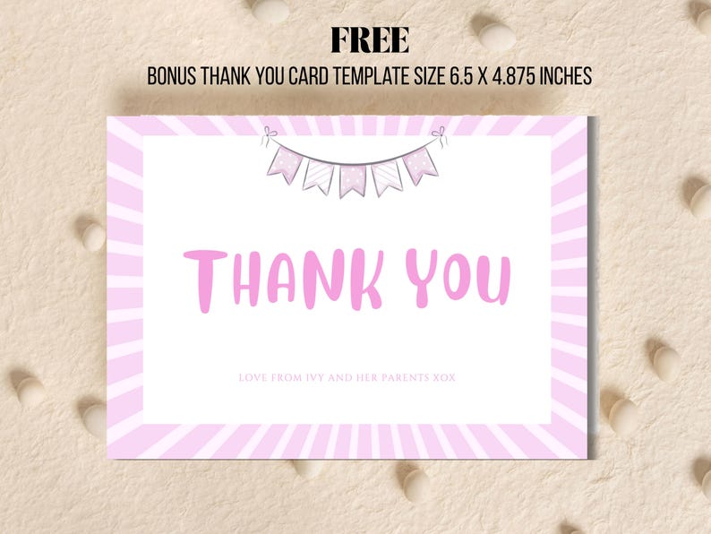 Printable bundle for 1st birthday girl – includes editable invitation, thank you card, and bonus background
