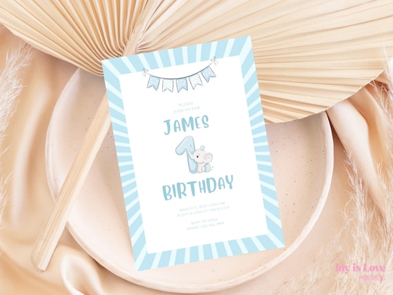 Blue Elephant 1st Birthday Invitation Boy | Editable printable First Birthday Invite | Free Thank You Card | Instant Download | 5x7 Template