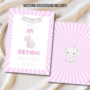 Editable pink elephant first birthday invitation for girl – 5x7 inch digital template with cute elephant illustration and bunting flags
