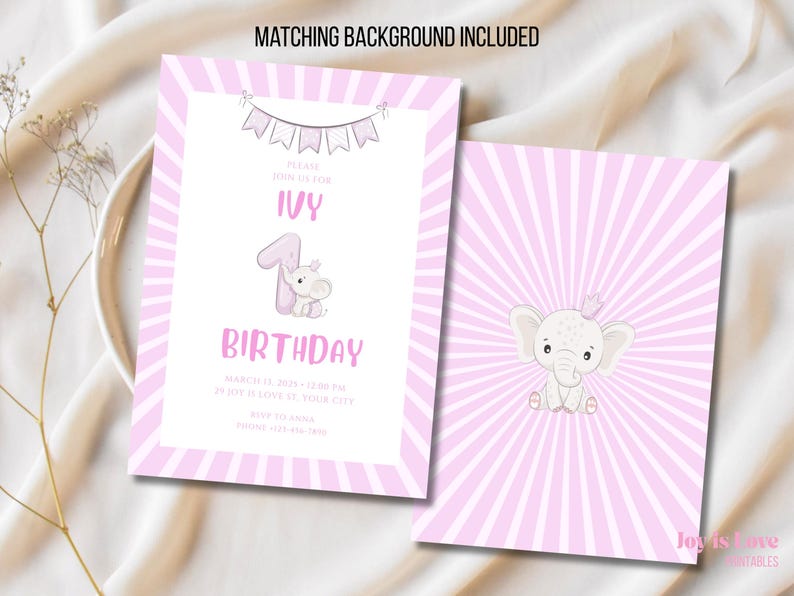 Editable pink elephant first birthday invitation for girl – 5x7 inch digital template with cute elephant illustration and bunting flags