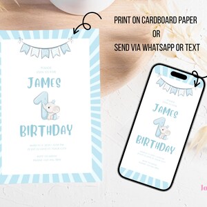 Printable bundle for 1st birthday boy – includes editable invitation, thank you card, and bonus background