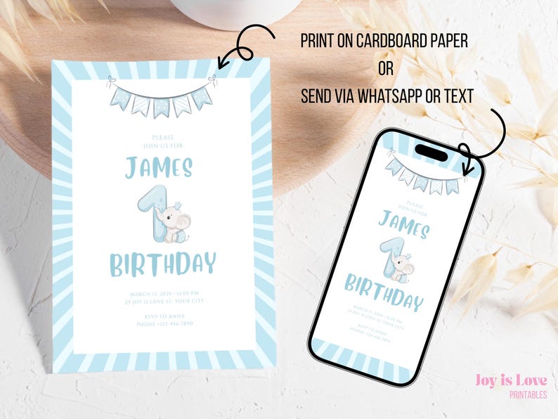Printable bundle for 1st birthday boy – includes editable invitation, thank you card, and bonus background