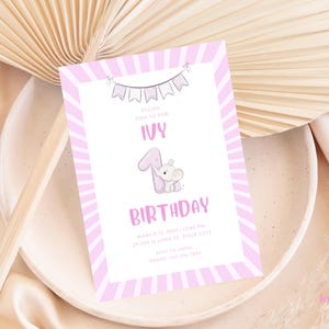 Editable pink elephant first birthday invitation for girl – 5x7 inch digital template with cute elephant illustration and bunting flags