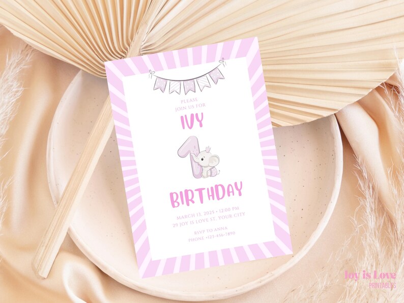 Editable pink elephant first birthday invitation for girl – 5x7 inch digital template with cute elephant illustration and bunting flags