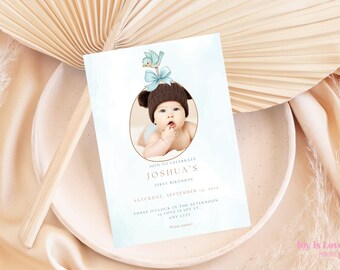 Onederful 1st Birthday Invitation Template, Printable Blue Boy First Birthday Invite, Digital 1st Birthday