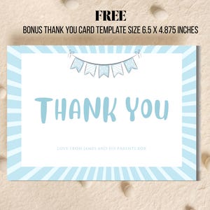 Matching thank you card for baby boy’s first birthday – blue pastel design with bunting and text editable in Canva