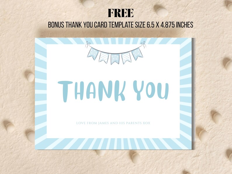 Matching thank you card for baby boy’s first birthday – blue pastel design with bunting and text editable in Canva