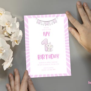 Printable pink bundle for 1st birthday girl – includes editable invitation, thank you card, and bonus background