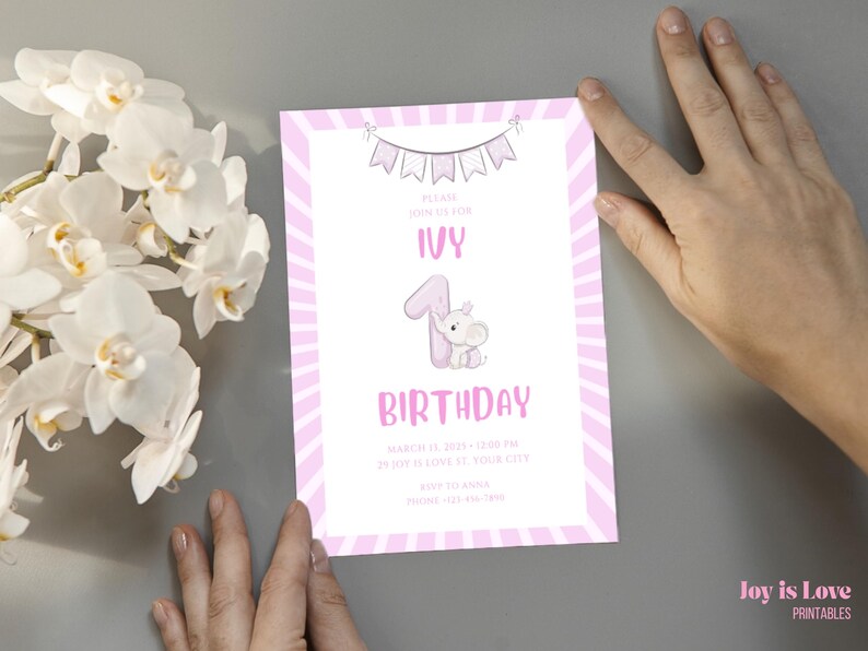 Printable pink bundle for 1st birthday girl – includes editable invitation, thank you card, and bonus background