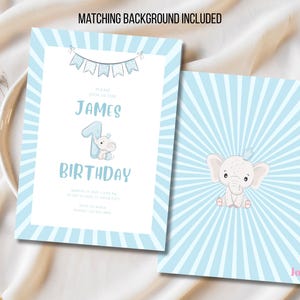 Editable blue elephant first birthday invitation for boy – 5x7 inch digital template with cute elephant illustration and bunting flags