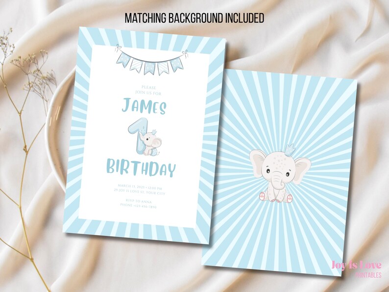 Editable blue elephant first birthday invitation for boy – 5x7 inch digital template with cute elephant illustration and bunting flags