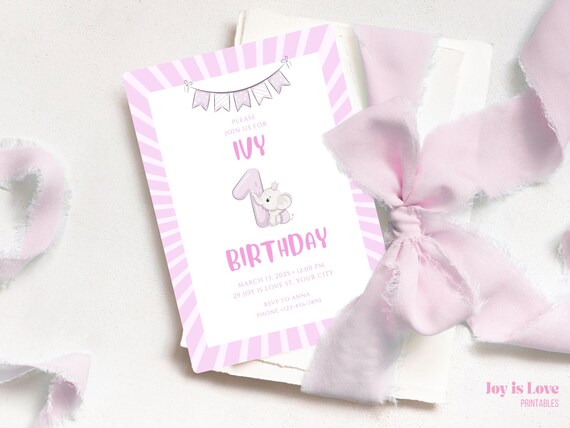 Pink Elephant 1st Birthday Invitation Girl | Editable printable First Birthday Invite | Free Thank You Card | Instant Download