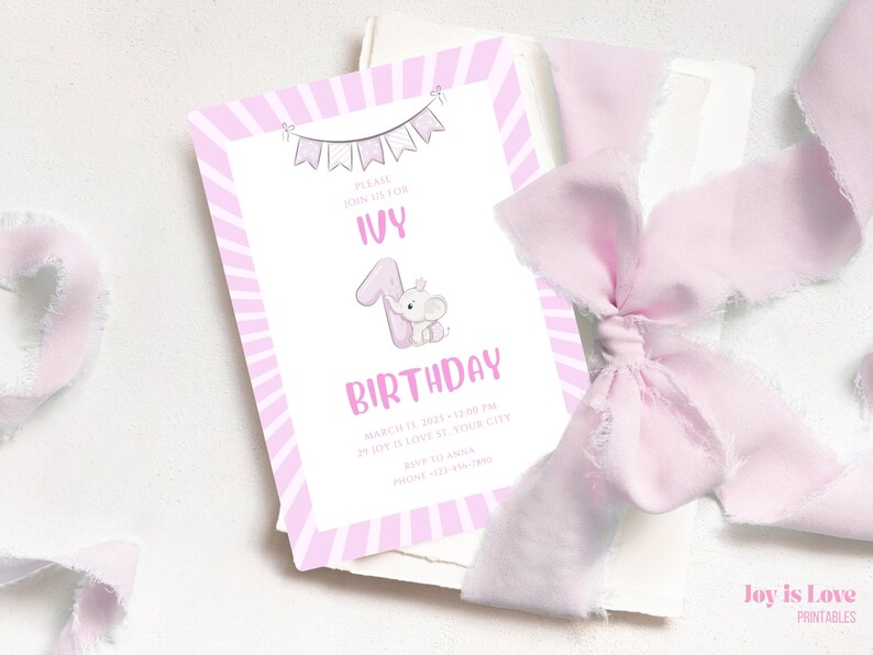 Editable pink elephant first birthday invitation for girl – 5x7 inch digital template with cute elephant illustration and bunting flags