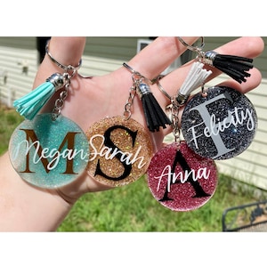 Custom Resin Glitter Monogram Name Keychain With Tassel, Backpack Tag, Name Tag, Lanyard Tag, Personalized,Customizable,Gift,Bridesmaid Gift