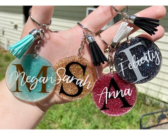 Custom Resin Glitter Monogram Name Keychain With Tassel, Backpack Tag, Name Tag, Lanyard Tag, Personalized,Customizable,Gift,Bridesmaid Gift