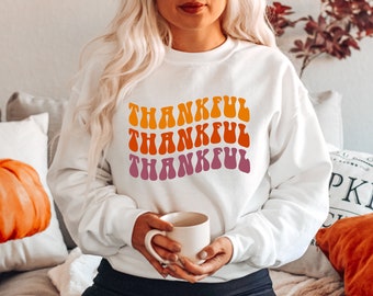 Thankful, Thankful, Thankful PNG- Thanksgiving Morning Fall Pumpkin Spice Gobble Retro Cozy Autumn Sweater Weather Turkey PNG Sublimation