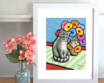 Le chat et les fleurs, fleurs colorées dans un vase avec un chat sur la table.