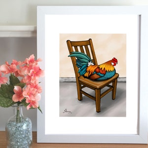 Colorful Sleeping Rooster, Rooster on Chair, Wall Art Print