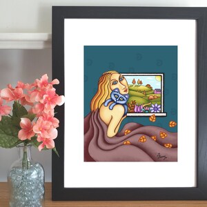Colorful Folk Art, Woman sitting by Window, Autumn Scene, Landscape, Lily Blue Cat