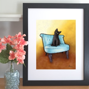 Black Cat Sitting On Blue Chair, Colorful Abstract Art, Black Cat Print, Wall Art