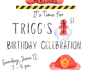 Firefighter 1st Birthday Invitation, Firetruck Party (Digital File)