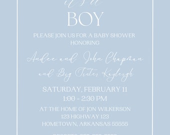 Baby Blue Shower Invitation, Minimalist Boy (Digital File)