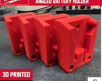 May include: Four red 3D-printed angled battery holders. The holders are designed for Milwaukee M18 batteries. The text "Milwaukee M18 Angled Battery Holder" is displayed at the top. The text "3D Printed Made in USA" is at the bottom.