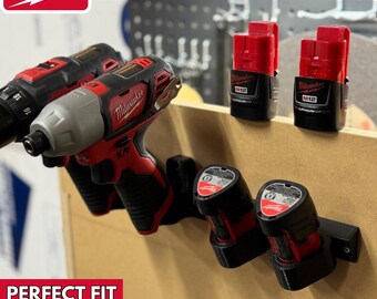 Milwaukee M12 Tool and Battery Mount- 3D Printed Wall Mount- Tool/Battery- Wall Hanging Storage-Garage Storage-Workshop Organizer-Dad Gift