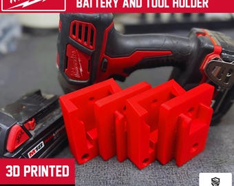 May include: Red 3D-printed battery and tool holders for Milwaukee M18 tools. The image shows the Milwaukee logo and the text "3D PRINTED MADE IN USA". A black and red Milwaukee M18 tool and battery are also visible.