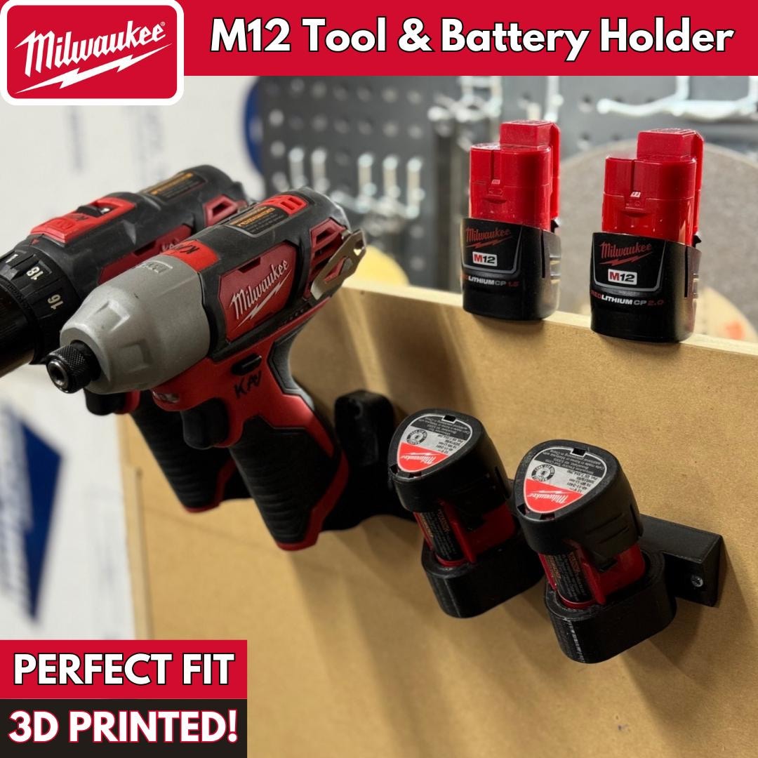 Milwaukee M12 Tool and Battery Mount- 3D Printed Wall Mount- Tool