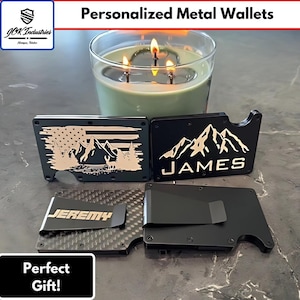 Cartera metálica grabada personalizada: billetera delgada personalizada con bloqueo RFID para hombre, tarjetero minimalista, ideal para padrinos de boda, Día del Padre, regalo EDC