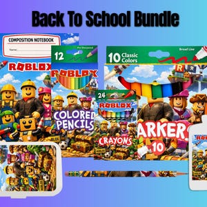 Peut inclure: Un ensemble scolaire sur le thème Roblox comprenant un cahier de composition, une boîte de 12 crayons de couleur, une boîte de 24 crayons de cire, une boîte de 10 feutres, un bâton de colle, un crayon, une trousse rectangulaire et une gourde blanche.