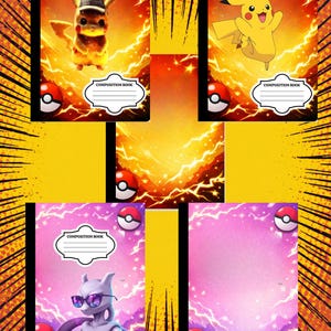 May include: A collection of five composition books featuring Pokemon characters. Two books show Pikachu, one with a hat and one jumping, against a yellow lightning background. One book features Mewtwo wearing sunglasses on a purple lightning background.