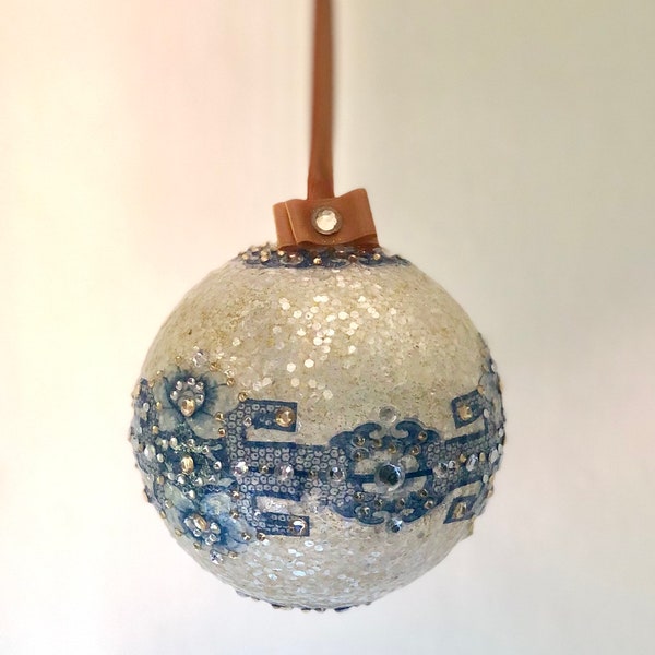 Christmas Bauble, Flitter Decoration, Festive Ornament, Toile Effect Decoration, Decoupage Bauble, 12cm Bauble, Chinoiserie Ornament