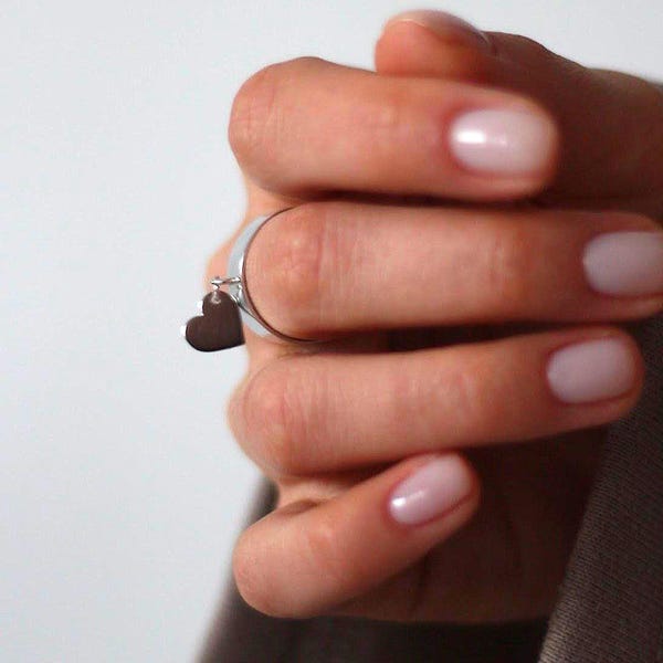 Sterling Silver Heart Charm Ring • Wide Band Silver Ring with Dangle Heart • Minimalist Promise Ring