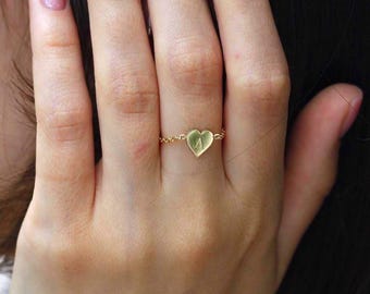 Anillo de cadena de corazón de oro macizo de 14 k - Anillo con inicial personalizada - Anillo delicado de oro macizo - Anillo con letra personalizada - Anillo de amor de plata