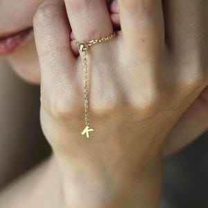 Anillo ajustable con letra colgante - Cadena colgante de oro macizo de 14 k o plata 925 - Talla única - Anillo con inicial personalizado - Cadena colgante