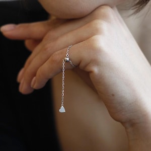 925 Silver Chain Ring with Heart Charm - Adjustable and Romantic – Gift for Her