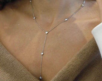 Sterlingzilveren lariatketting met zirkonia – Y-ketting met sterbedel – sierlijke gelaagde sieraden – cadeau voor haar