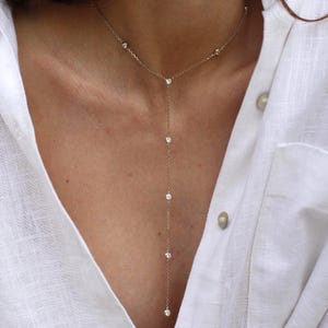 925 Sterling Silver Y Necklace with Cubic Zirconia | Dainty Lariat Necklace | Minimalist Silver Drop Necklace - Bridal Jewelry