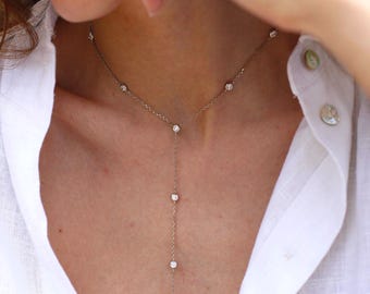 925 sterlingzilveren Y-ketting met zirkonia | Sierlijke lariatketting | Minimalistische zilveren druppelketting - bruidssieraden