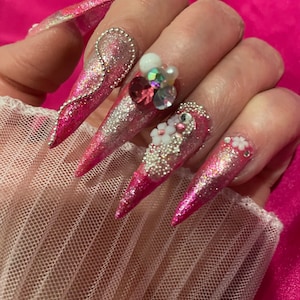 Pink/silver/ ombre/chromed/long stilleto  3d/ bling  Luxury Press on Gel X Nails/All sizes and shapes available